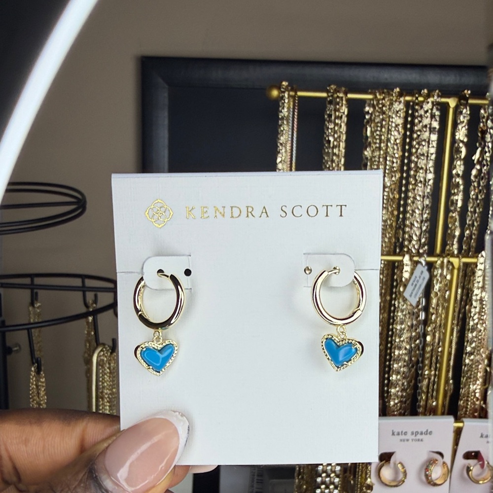 Kendra Scott Gold Hoops with Blue Heart Charms